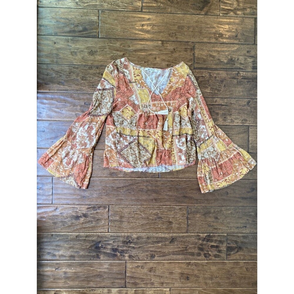 Rip Curl Tassel Bell Sleeve Top Blouse Medium 70's Boho Beach Surf Rust